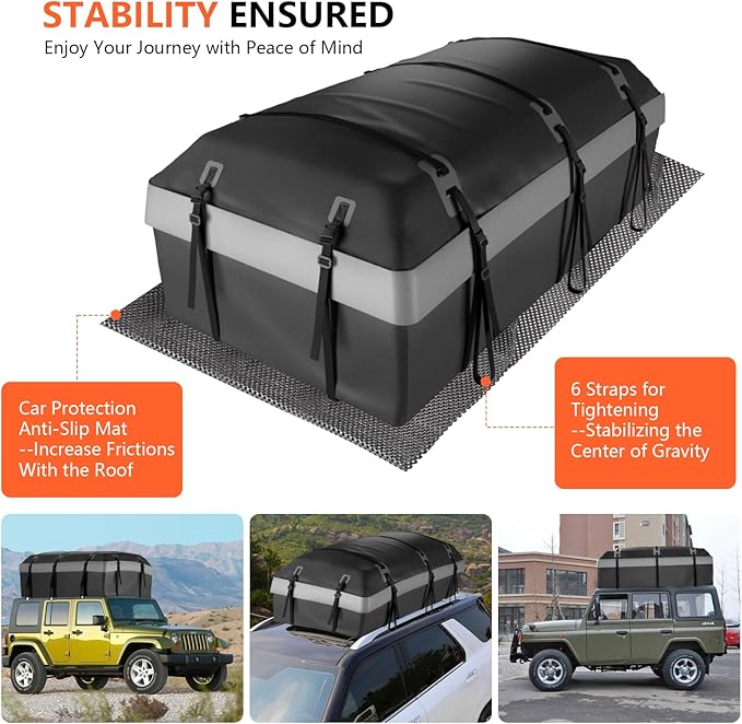 Car Rooftop Cargo Carrier Bag, 30 Cubic Feet Car Roof Cargo Carrier Bag Waterproof for All Vehicle with/Without Rack, Include Anti-Slip Mat, 2 Reinforced Straps, 6 Door Hooks, Luggage Lock
