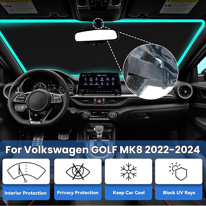 Windshield Sun Shade for 2022-2024 Volkswagen VW Golf MK8 GTI R, Car Front Window Sunshade with 240T Sun Visor Protector Blocks UV Rays Heat Sun Shield Accessories