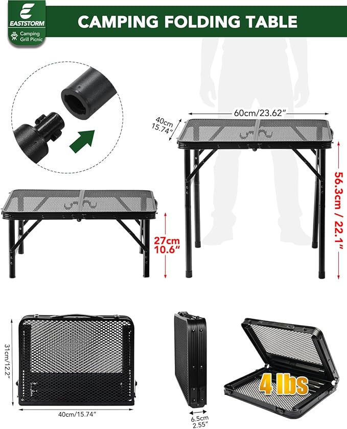 2Ft Small Folding Table with Carry Handle, Camping Table Adjustable Height 10.6–22 in, Black Metal Mesh, Portable & Compact for Outdoor/Indoor,Grill Table, 23.6×15.8 in, 4 lb, 66 lb Capacity
