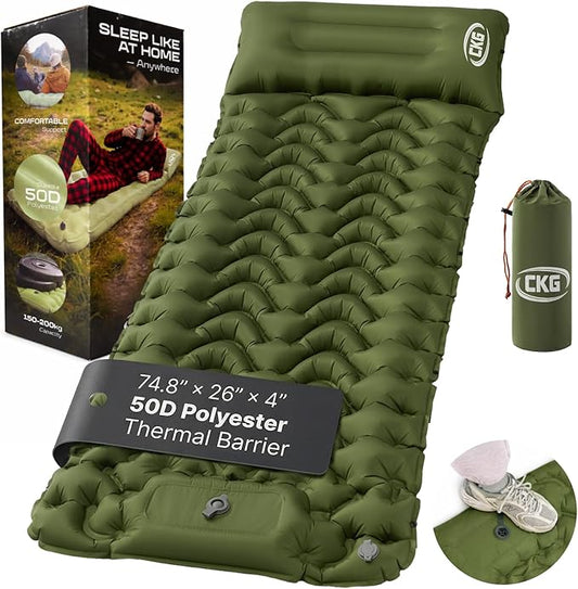 CKG Camping Sleeping Pad with Thermal Barrier, Ultralight Camping Mat 4in Thick with Pillow, Built-in Foot Pump Inflatable Sleeping Pad for Hiking Tent Road Trip Car Camp Travel Gear, Green