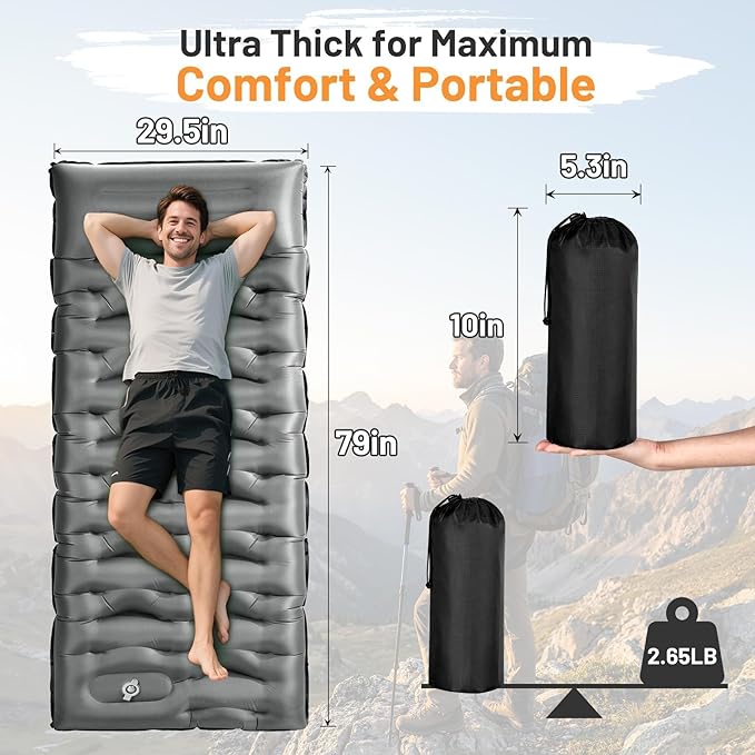 KASBAH Camping Sleeping Pad,Extra Wide 6 inch Thick Inflatable Sleeping Pads with Built-in Foot Pump and Pillow,Ultralight Camping Mat Gear for Outdoor Hiking,Camping
