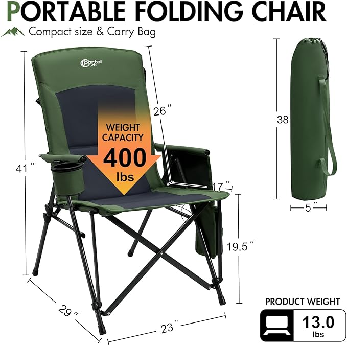 Portal 400 LBs Heavy Duty Camping Chairs for Adults, 23" W Outdoor Folding Chairs with High Back, Heated Portable Folable Chair for Lawn, Sports, Fishing, Outside