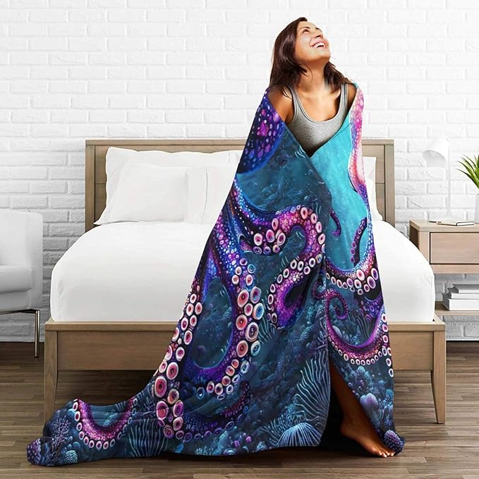 Ocean Octopus Blanket Soft Octopus Flannel Fleece Blanket Cozy Warm Nautical Decor Bedding Stuff Plush Throw Blanket Gifts for Lover Girls Boys Kids Women Adults 50"x60"
