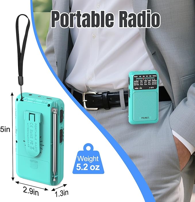 PRUNUS J-211 Portable Radio AM FM with USB Charging and AA Battery Operated, Transistor Radio, Strong Reception& Clear Speaker, Headphone Jack, Back Clip, Lanyard, Small radios Portable AM FM