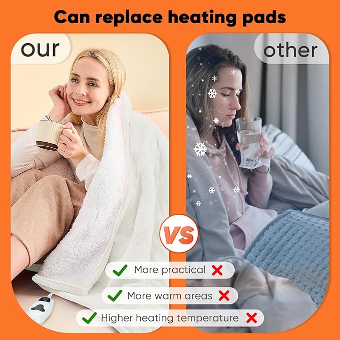 greenoak Heated Blanket Electric Throw 50"X60", Heating Blankets with 10 Heat Levels 8 Hours Auto-Off, Soft Flannel Sherpa Fluffy House Warming Gifts for Grandma Seniors Mom,Pure White