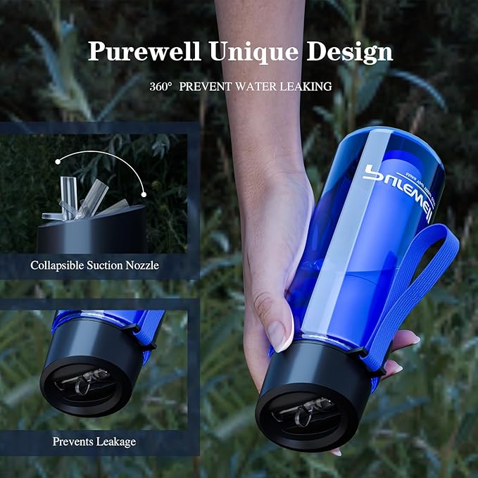 Purewell Filtered Water Bottle BPA Free with 5-Stage Integrated Filter Straw for Camping, Hiking, Backpacking and Travel
