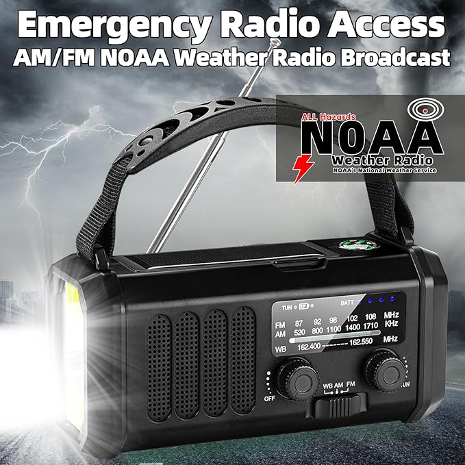 QAUYYW Hand Crank Emergency Radio,37000mWh Solar Powered Portable NOAA AM FM Weather Radio with 3Mode Flashlight and Reading Light,Cell Phone Charger,Home and Emergency Distress Signal (Black)