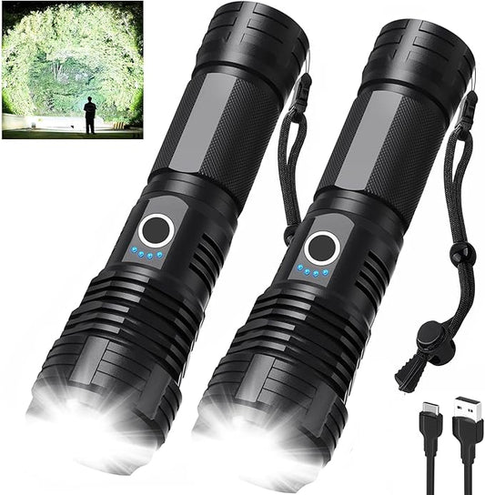 Led Flashlights 90,000 Lumen High Lumens Rechargeable 2 Pack, Brightest Flash Light with 5 Modes & 18H Runtime, IPX7 Waterproof, Powerful Handheld Flashlights for Home Camping Hiking