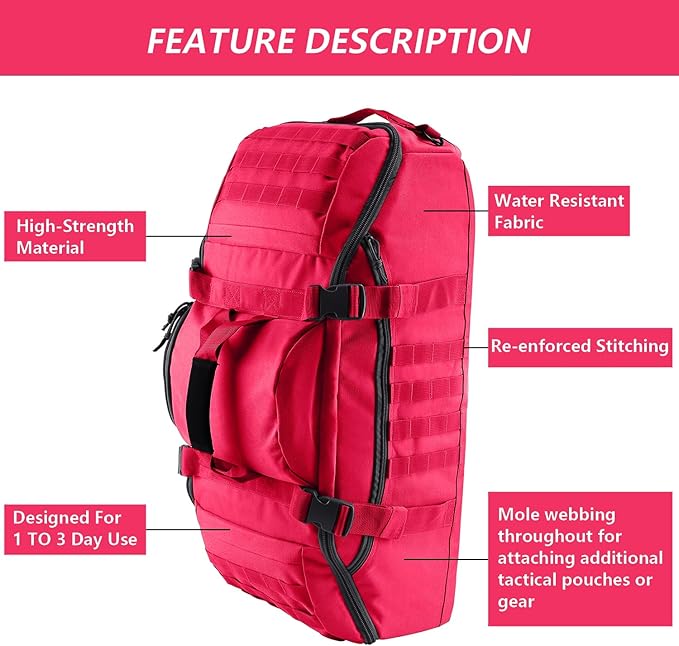 Hannibal Tactical 65L Large Duffle Bag, 3-in-1 Tactical Backpack MOLLE Pack for Sports, Gym, Outdoor, Red