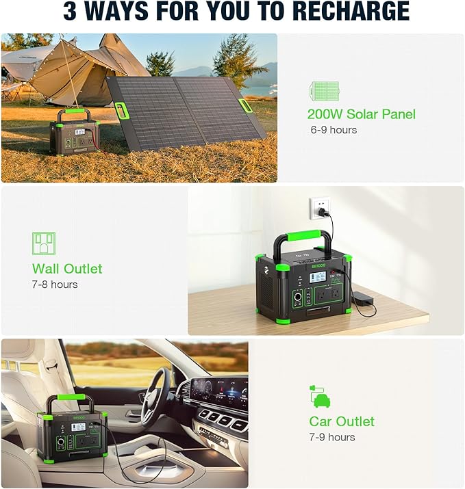 1000W Solar Generator 999Wh, Portable Power Station with 60W USB-C PD Output, 110V Pure Sine Wave AC Outlet Backup Lithium Battery for Outdoors Camping Travel Hunting Home (Peak 2000W)
