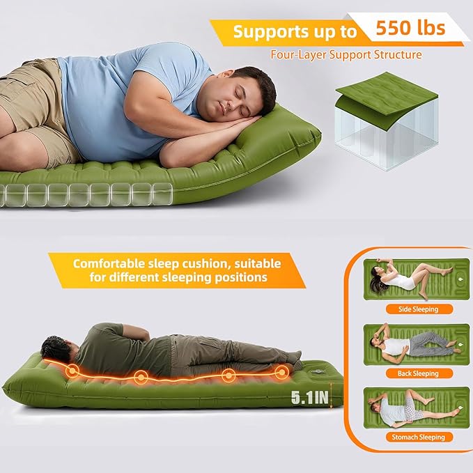 Camping Sleeping Pad, Extra Thick 5.1 Inch Self Inflating Camping Pads with Ultralight Sleeping Bag Liner, Camping Mat with Pillow & Foot Pump for Outdoor Hiking, Backpacking, Travel (Green)