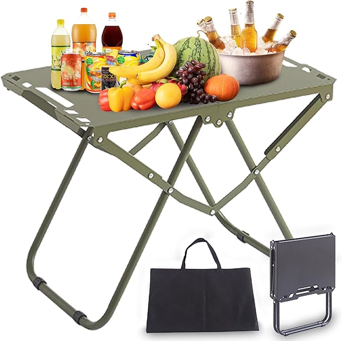 Portable Camping Table, Metal Tactical Foldable Table with Storage Bag, Durable Carbon Steel Outdoor Picnic Table, Perfect for Fishing, Hiking and BBQ
