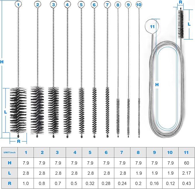 Ixiaoyoo Cleaning Brushes Set, 10 Pieces 8 Inch Nylon Tube Brush + 60 Inch Flexible Long Drain Brush, Hose Pipe Brush, Suitable for Home Kitchen, Bathroom, Fish Tank, Water Pump Accessories (Black)