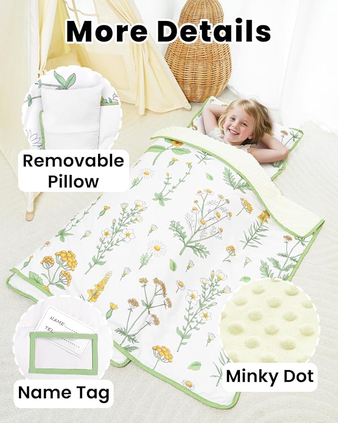 Primlect Toddler Nap Mat with Detachable Blanket and Removable Pillow, Kids Sleeping Bag 55''x35'' for Daycare Preschool Kindergarten, Toddler Sleeping Mat for Boys and Girls