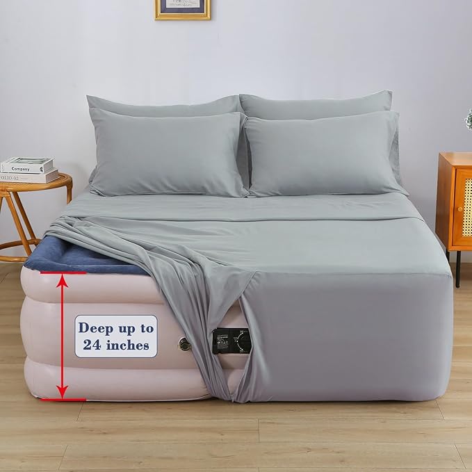 Air Mattress Sheet Set for 16-24 Inch Air Beds Queen Size,Deep Pocket Fitted Sheet with Inflation Opening,Soft & Breathable, for Guests, Camping, RVs, Includes Pillowcase Flat Sheet Fitted Sheet,Gray
