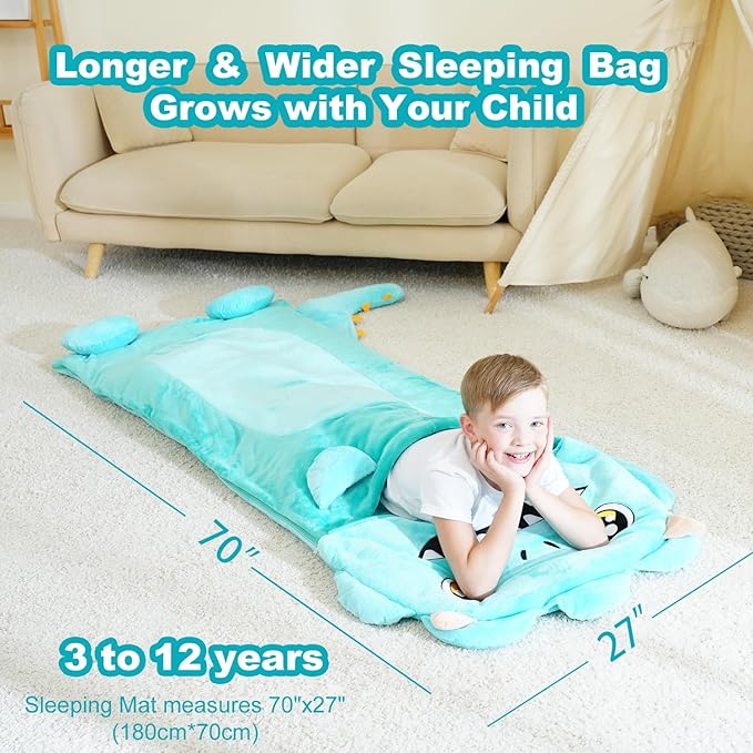 Kid Sleeping Bag with Pillow - Larger Nap Mat - Plush Slumber Bag for Boys Girls Daycare Preschool Kindergarten Birthday Gift Travel Sleepover Ages 3-12 Years