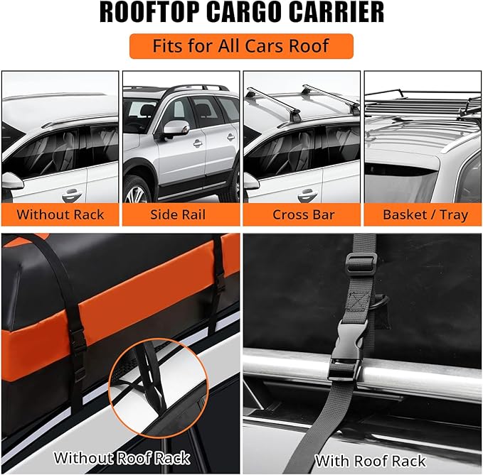GarveeTech Car Rooftop Cargo Carrier Bag 15 Cubic Feet, Waterproof Roof Rack Cargo Bag for All Cars with/Without Rack, Waterproof Zip, 8 Reinforced Straps, 4 Door Hooks, Luggage Lock, Storage Bag