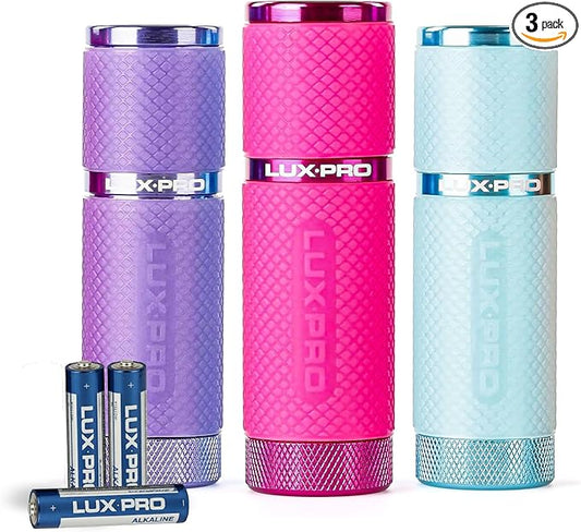 LUXPRO 3 Pack Mini Flashlights - LP395 Gel Glow in Dark - Aluminum LED Flashlights with Maximum Brightness of 40 Lumens - IPX4 Water Resistant - 3 AAA Batteries Included - Pink, Purple, Teal