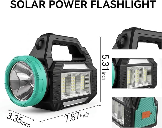 Solar Flashlight, Rechargeable Flashlights, 6 Lighting Modes LED Camping Lantern with Emergency Strobe Light, Type-C & Solar Charging, Emergency Power Supply for Outdoor, Home, Camping, Power Outages