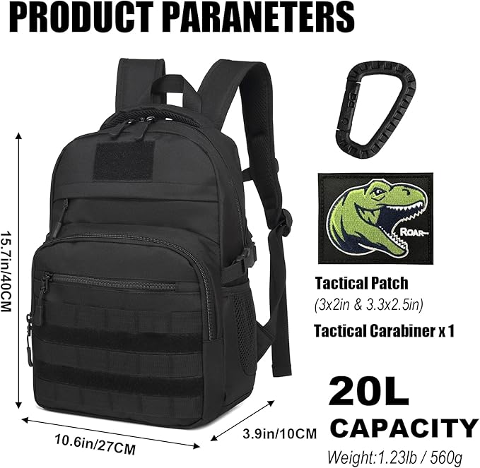 Kids Tactical Backpack Army Molle Bookbag Military Boys Backpack for School, Outdoor, Camping (Includes 2 Patches +1 Carabiner), Black