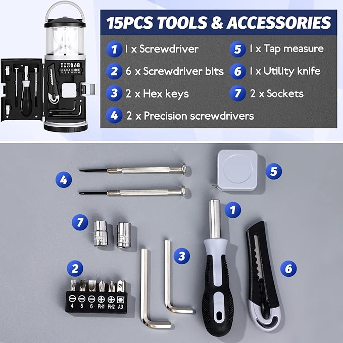 4 Pack Hunting and Fishing Gifts for Men/dad, LED Camping Lantern with 15pcs Multi Tool Kit Portable Emergency Lantern with Screwdriver for Outdoors Father's Day Birthday Present for Dad