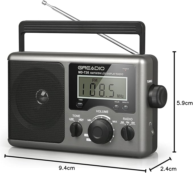 Greadio Portable Shortwave Radio with Best Reception,AM FM Transistor,LCD Display,Time Setting,Battery Operated by 4 D Cell Batteries or AC Power,Big Speaker,Earphone Jack for Gift,Elder,Home