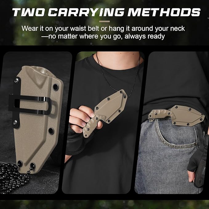 Neck Knife with Sheath and Necklace X-TAN-K, Horizontal Carry Knife with Full Tang Tanto 5Cr14MoV Steel Blade, Khaki ABS Handle, EDC, Outdoor, Camping & Hiking