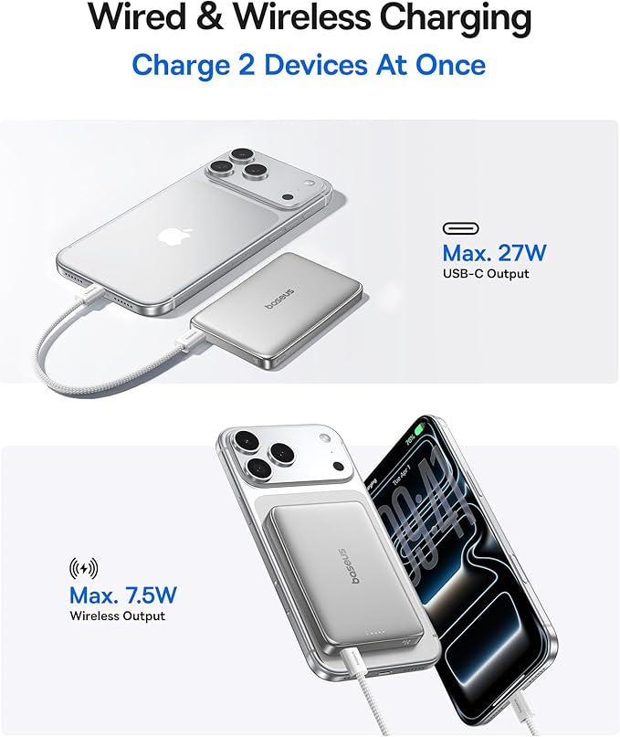 Baseus Picogo Power Bank, 0.5" Ultra Slim 10000mAh MagSafe Portable Charger, 27W Fast Charging Magnetic Battery Pack, Upgraded Polished Alloy Wireless Charger for iPhone 17 Pro Max/Air/16/15/14/13/12