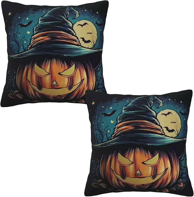 Halloween Evil Pumpkin Throw Pillow Covers 18x18 inch Set of 2 Bat Pillow Case Cushion Cover for Home Sofa Couch Living Room Car Decor