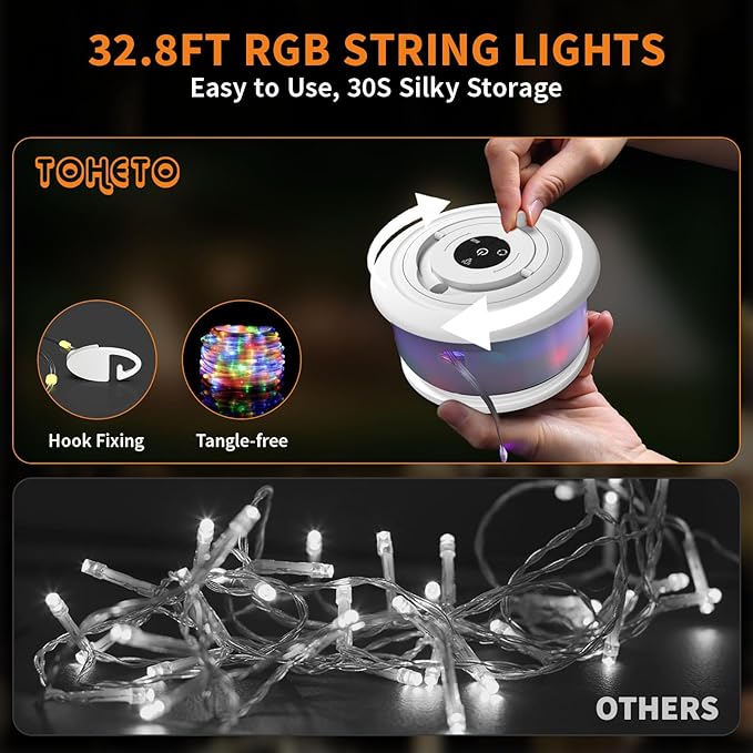 TOHETO 2-Pack Camping String Lights, 3 in 1 Upgraded Retractable RGB Outdoor String Lights with 19 Lighting Modes, Quick 30s Recovery, 32.8 FT Portable Tent Light, Rechargeable Camping Lantern (White)