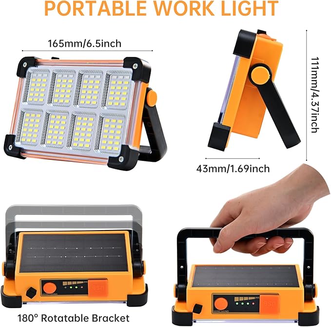 Rechargeable Flood Light - 10000LM LED Portable Work Light with Stand, 6600MAh Job Site Flashlight Spotlight for Car Repair,Camping, Emergency - Solar Hand Held Lamp IP66 Waterproof 4 Modes - Yellow