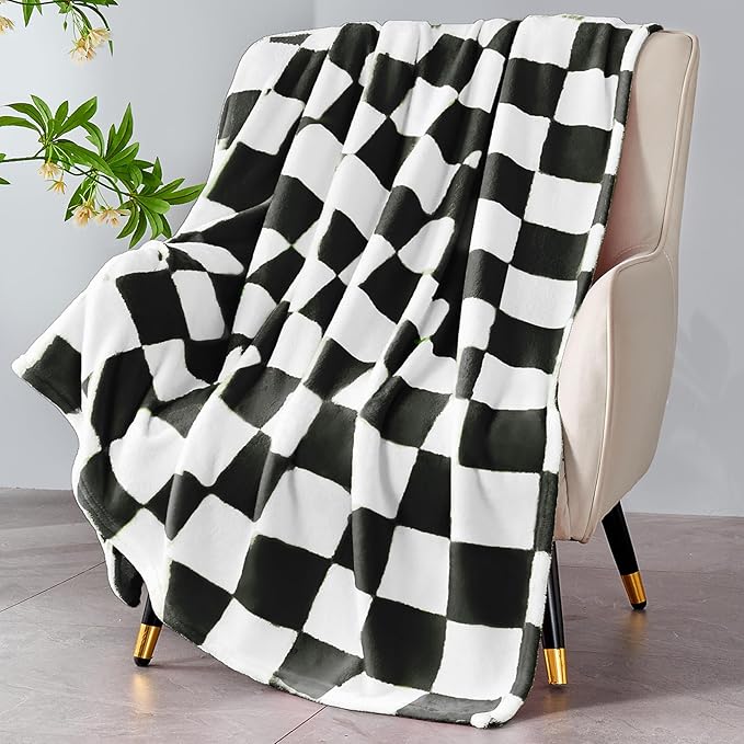 Edenleaf Black Checkered Blanket, Soft Cozy Fleece Checkered Throw Blankets for Bed Sofa Couch Camping, Ultra Fluffy Throws for All Seasons, 50x60 Inch, Black