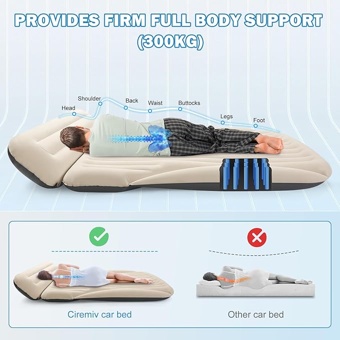Ciremiv Car Bed with The Most Complete Sleeping Accessories,Leakproof Durable Car Mattress, with Pillow & Pump|for SUV Minivan Mpv Road Trip Inflatable Bed,Single-Sided Flocking Off-White + Gray