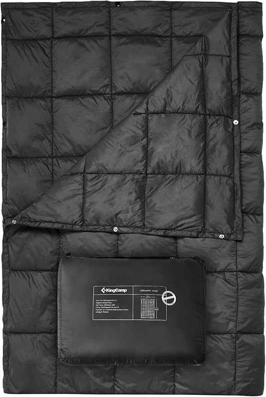KingCamp Ultralight Camping Blanket, Packable Down Alternative Puffy Wearable Blankets Weatherproof Warm Package Quilt with Snap Buttons for Outdoor Hiking Travel Picnic Stadium (78.7" x 56.7", BLACK)