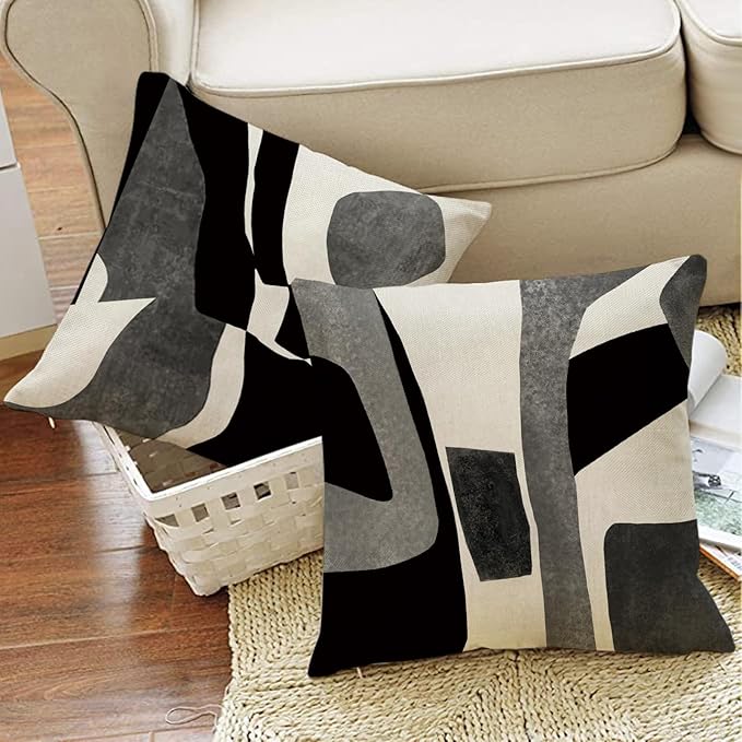 Abstract Geometric Decorative Throw Pillow Covers 18 x 18 Set of 4, Black White Grey Modern Aesthetic Porch Outdoor Home Decor, Minimalist Sofa Couch Cushion Case