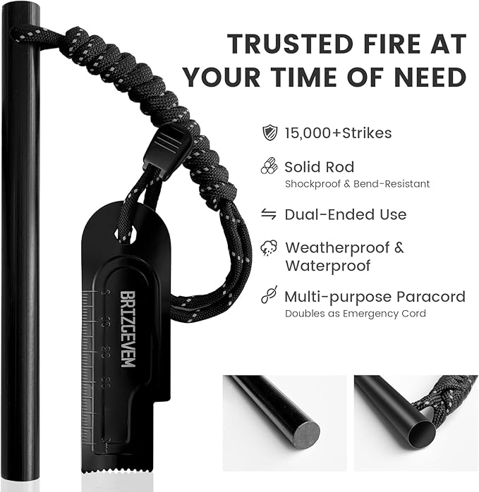 Waterproof Ferro Rod Fire Starter 6x1/2 in & 4x3/8 in, 15,000+ Strikes Flint Fire Steel with Paracord Multi-Tool Striker & Extra Waxed Tinder Cord for Camping, Hiking, Survival & Emergency