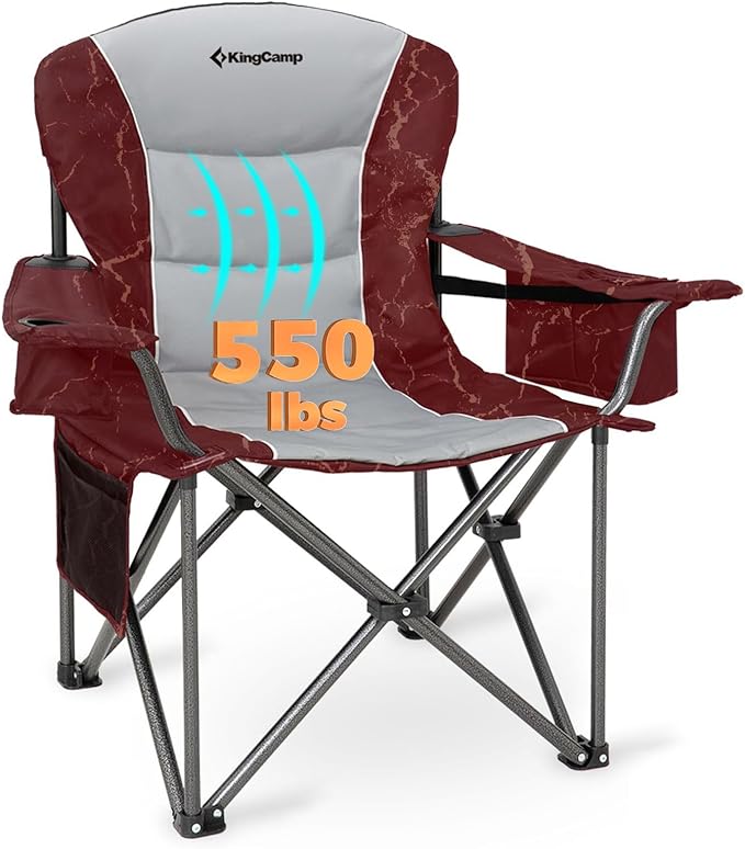 KingCamp Oversized Camping Folding Chair, Heavy Duty 550 LBS with Lumbar Support, Padded seat with Cup Holder&Cooler Bag, Ideal for Camp, Fishing, Sports Event, Backyard, Patio, Lawn(Lava Red)