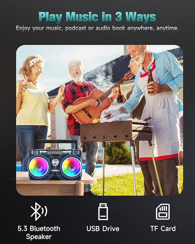 PRUNUS 750 AM FM Radio Portable with Bluetooth Dual Speakers, Gifts for Dad and Mom, USB/TF Card Playback, USB-C/Solar Rechargeable Radios, Bluetooth Radio, Transistor Radios Portable AM FM