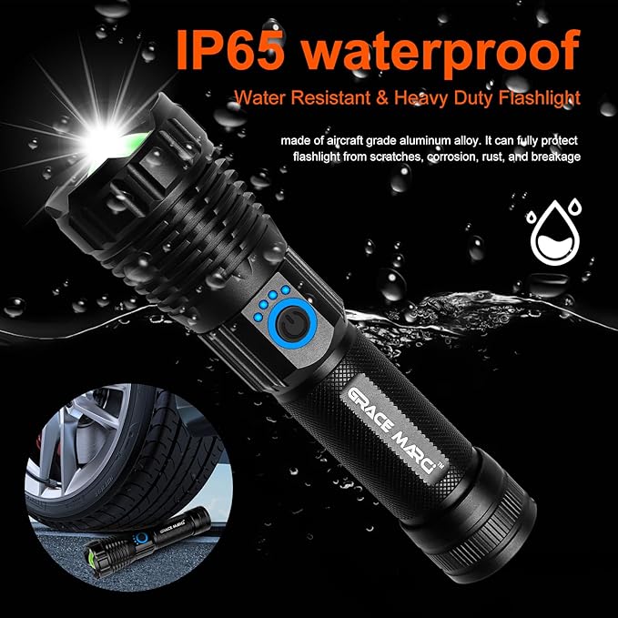 Rechargeable Flashlights High Lumens , Super Bright 500000 Lumens Powerful Flashlight & Tactical Flashlight with Gift Box, 5 Modes, Waterproof, LED Hand Light for Outdoor Camping, Hiking, Emergency