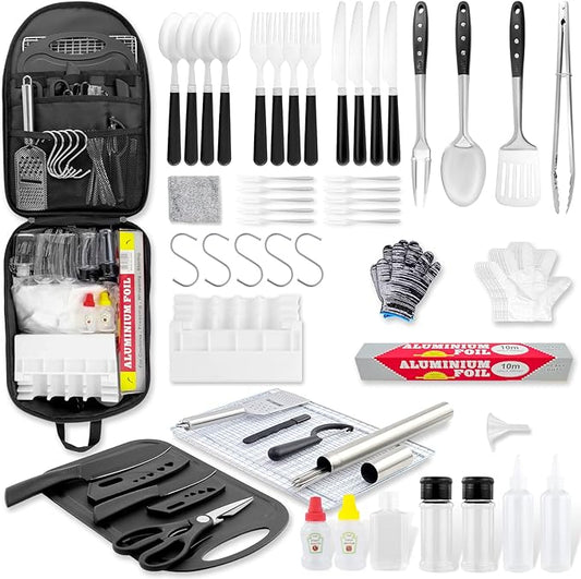 Camping Accessories Kitchen Cooking Utensils Set - Portable Outdoor Camp Cookware Set, Camper Essentials Gear Must Have Supplies for Travel RV BBQ Grill Picnic Hiking