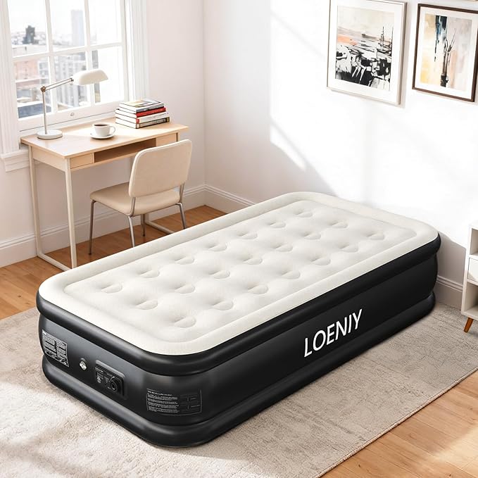 Twin Air Mattress with Built-in Pump, 18” High Inflatable Mattress with Storage Bag, 2 Mins Easy Inflation/Deflation Blow up Mattress, Flocked Top Inflatable Bed for Camping, Adults & Guests