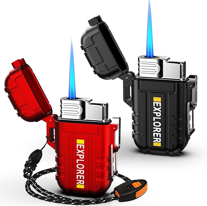 Waterproof Butane Torch Lighter Refillable Windproof Jet Flame Lighters for Fireplace Fireworks Grill Camping BBQ Lighter Gift for Man,2 Pack. (Black+Red)(Without Butane)