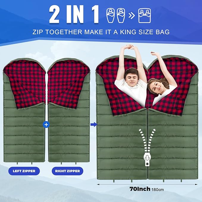 Keencamp 0 Degree Sleeping Bag Cotton Flannel Winter Cold Weather for Adults XXL Sleeping Bag 4 Season Big and Tall with Pillow Compression Sack