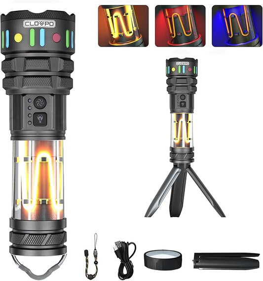 Rechargeable Camping Flashlight Tactical Flashlight, 11 Modes Multi-Function Flashlight 10000 Lumens Portable Camp Light with Stand, Bright LED Flashlight for Outdoor Activity, Black