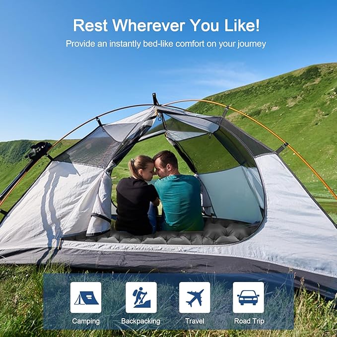 HiiPeak Double Sleeping Pad - Self Inflating 3" Extra-Thick for 2 Person with Pillow Built-in Foot Pump Inflatable Sleeping Mat for Backpacking, Hiking, Traveling, Tent, Portable Camping Mat (Gray)