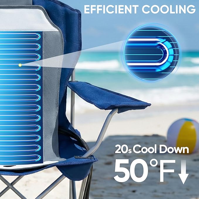 Camping Chair with Cooling Pad – Cools 50°F in 20 Sec, Folding Beach Chair with Cup Holder, Side Pocket, 330 lbs Heavy Duty, Includes Storage Bag – Ideal for Sports Events, Excludes Battery