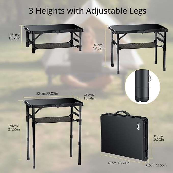 Anbte 2ft Small Folding Camping Table, Waterproof Flat Plastic Tabletop 3 Adjustable Height Portable Camping Table with Storage Net, for Picnic Indoor Outdoor Travel Beach, 22.8" X 15.7", Pure Black
