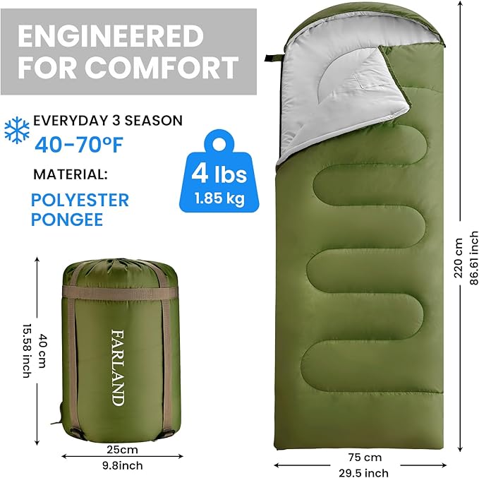 FARLAND Sleeping Bags for Adults Teens Kids with Compression Sack Portable and Lightweight for 3-4 Season Camping, Hiking,Waterproof, Backpacking and Outdoors