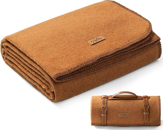 Molithe 100% Wool Blanket, 62" x 86", Warm, Thick, Washable, Military Wool Blanket, Great for Camping, Outdoors, Sporting Events, Survival Kits, Dark Camel