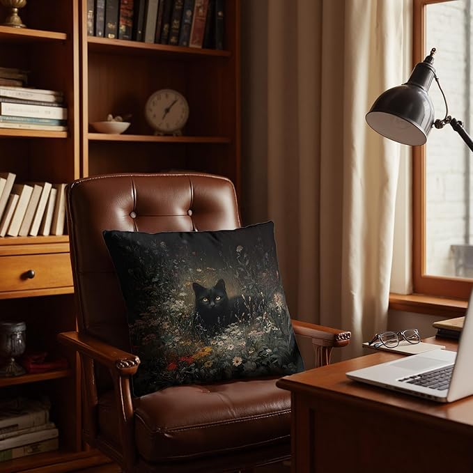 Vintage Moody Black Cat Floral Pillow Covers 18x18, Dark Cottagecore Decor, Gothic Botanical Floral Animal Decorative Pillow Covers for Home Bedroom Living Room Couch，Black Cat Lover Gifts